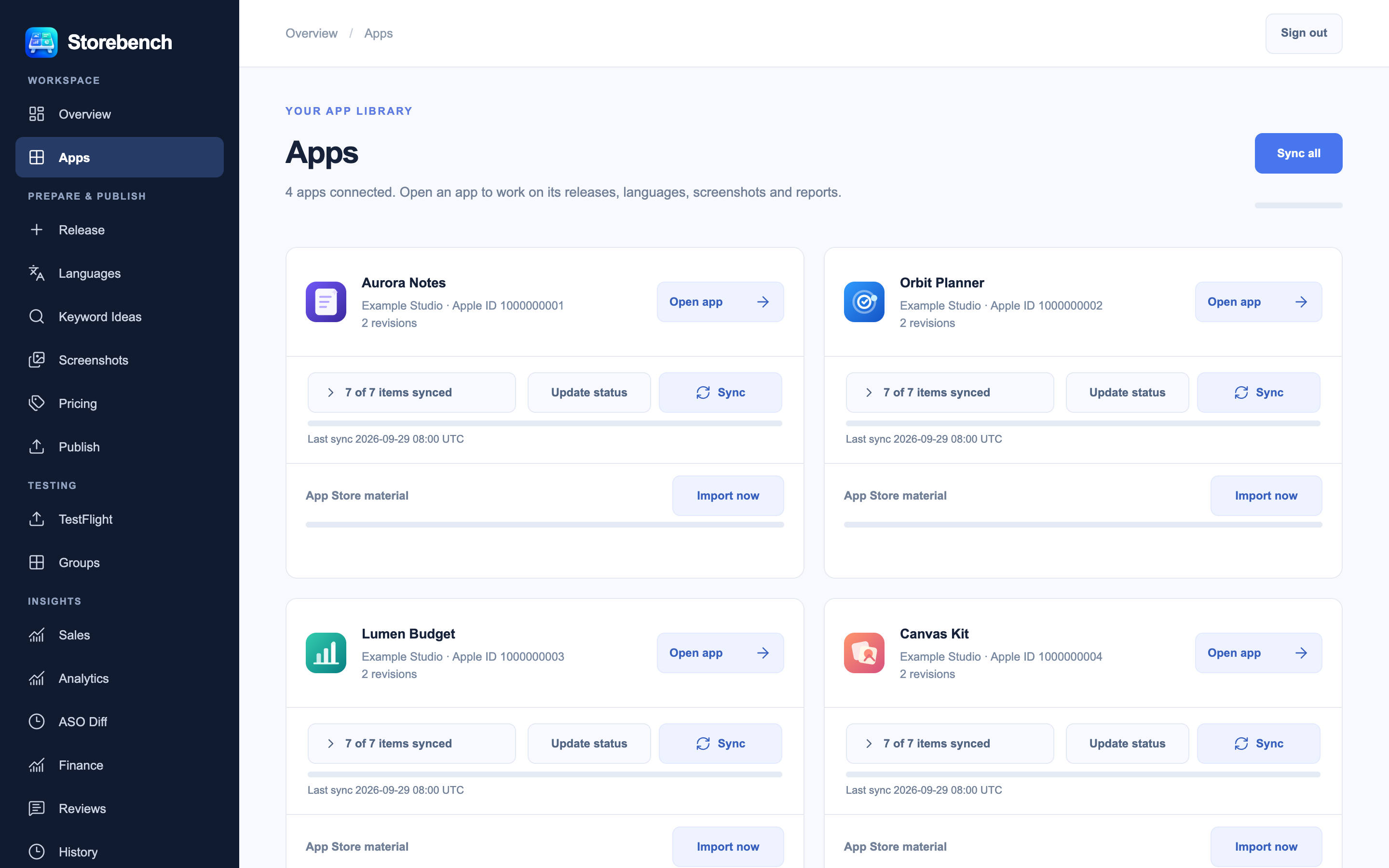 Storebench app library overview with illustrative sample apps